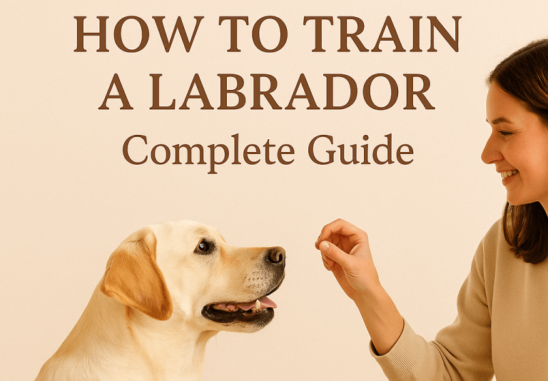 Illustration of a friendly Labrador Retriever sitting beside its owner, representing a complete guide to Labrador training.
