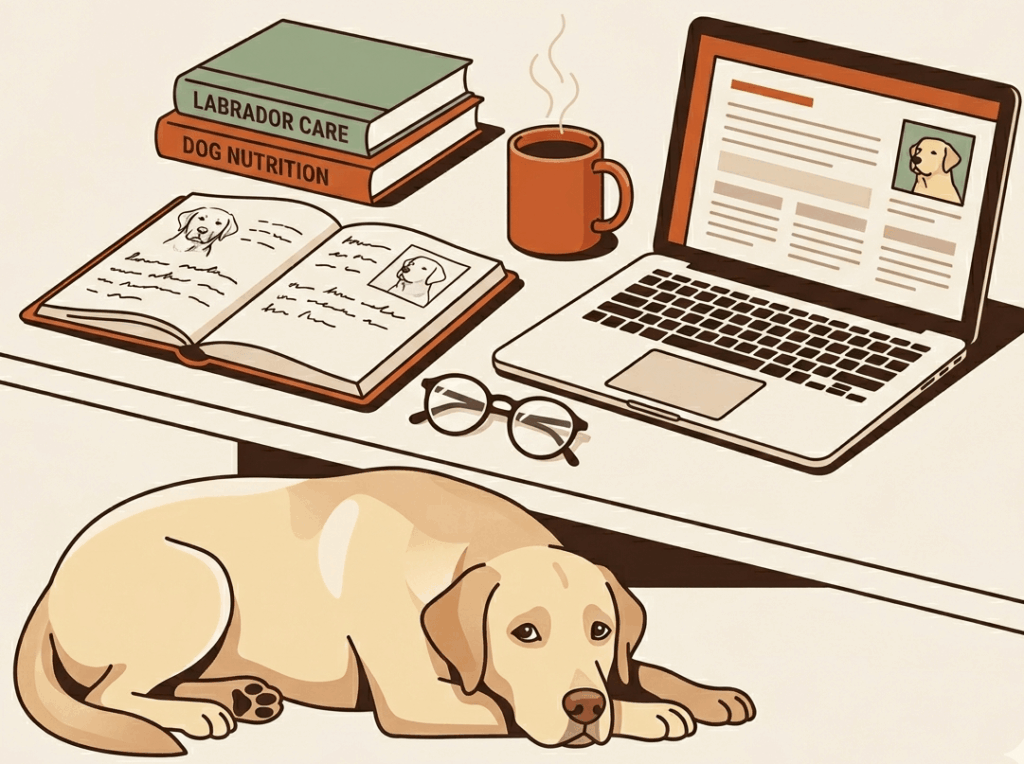 Illustrated editorial workspace with Labrador care books, an open
notebook with Lab sketches, a laptop showing a dog article, and a
yellow Labrador resting on the floor beneath the desk