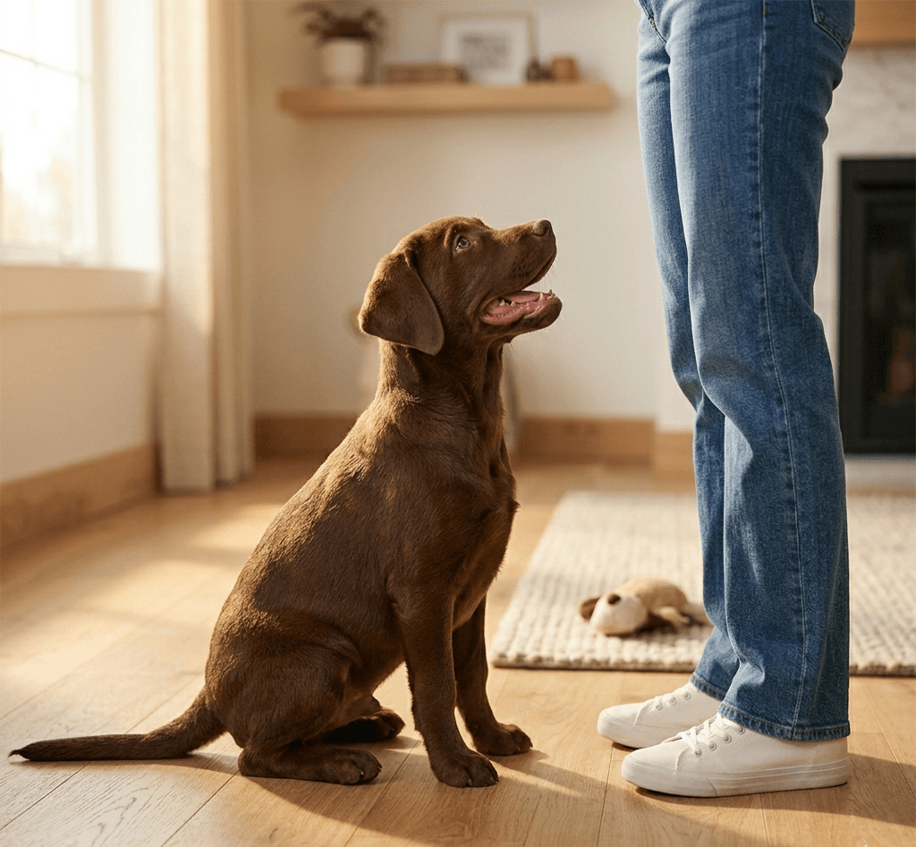 A well-trained chocolate Labrador Retriever sitting attentively beside its owner in a bright, modern home interior