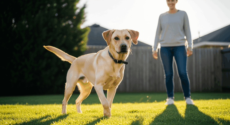 A 6 month old labrador running through a sunlit backyard with owner watching in background