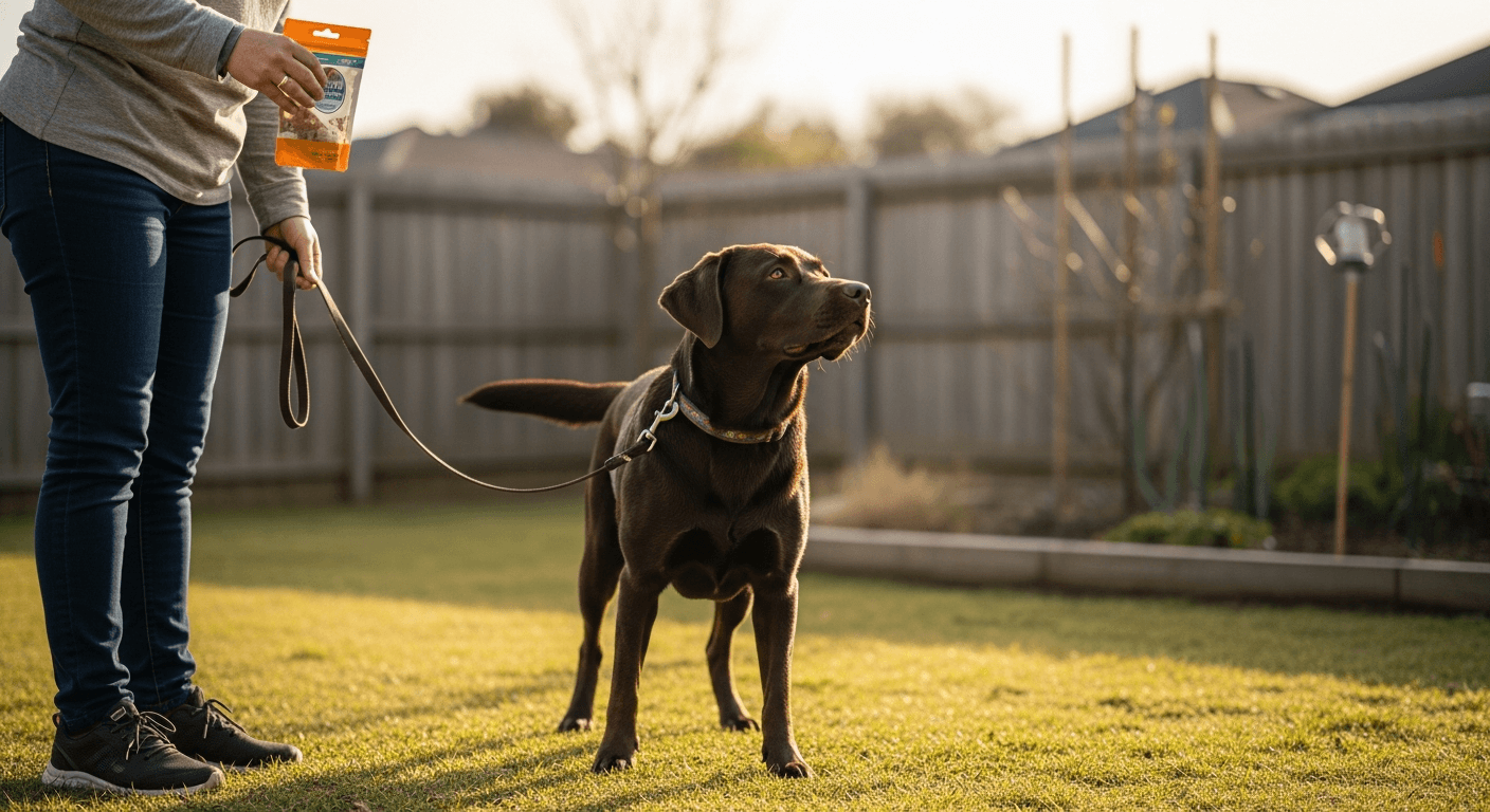 A 6 month old labrador distracted by something off-camera while owner holds leash in backyard during golden hour
