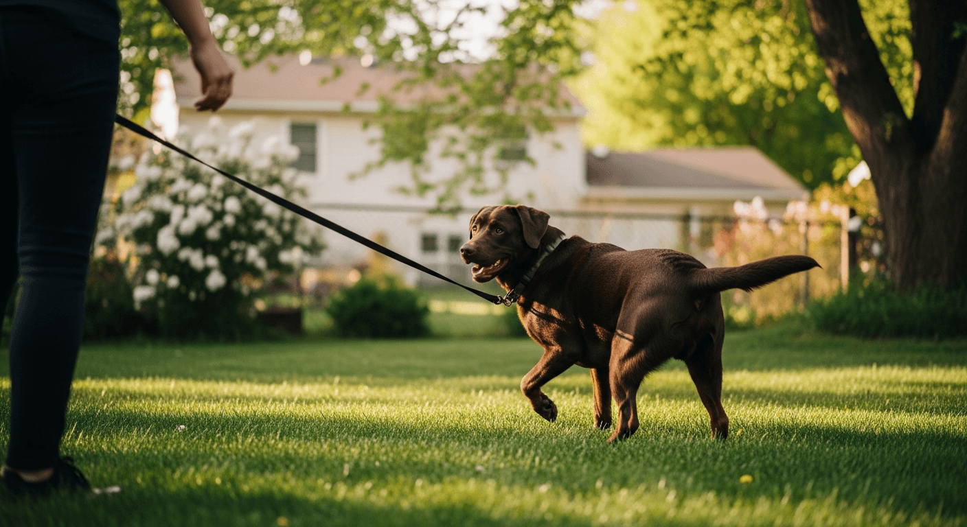 6 month old chocolate Labrador on training line in backyard, looking back at handler with distracted attention