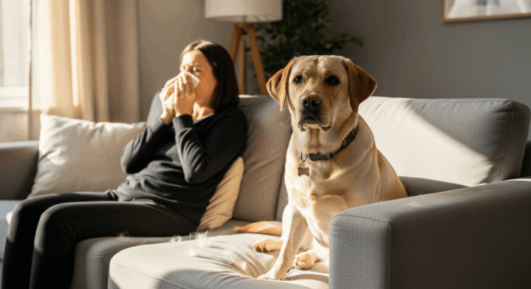 Woman sneezing on couch with shedding yellow Lab showing are labrador retrievers hypoallergenic concerns