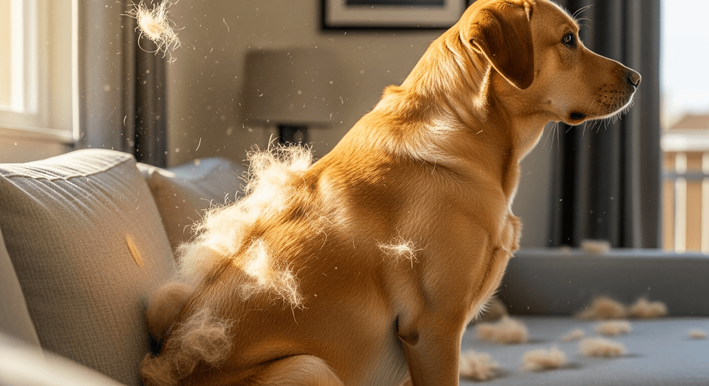 Golden Labrador Retriever shedding fur on sofa, demonstrating why they are not hypoallergenic dogs