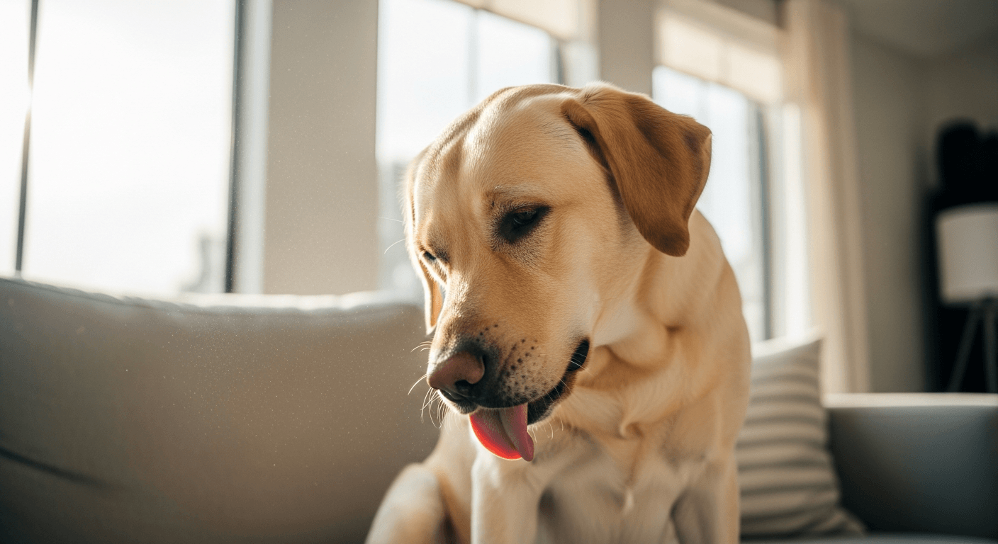 Yellow Labrador Retriever grooming itself on a couch with visible fur and dust particles in sunlight
