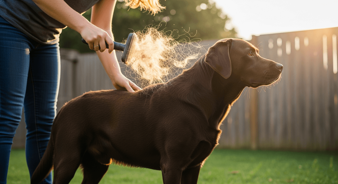 Labrador Retriever being brushed with deshedding tool, loose fur visible in sunlight, showing heavy shedding that relates to