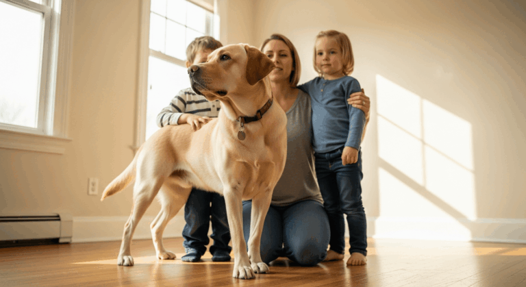 Yellow Labrador standing protectively between a woman and child in a living room, demonstrating how Labradors are protective