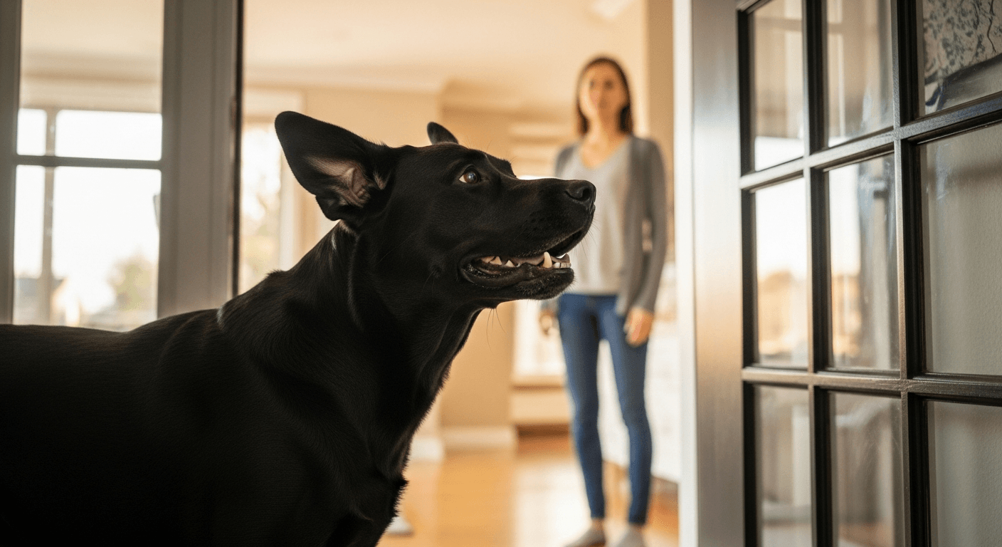 Black Labrador alert at front door with ears perked, barking while owner stands behind, showing protective behavior