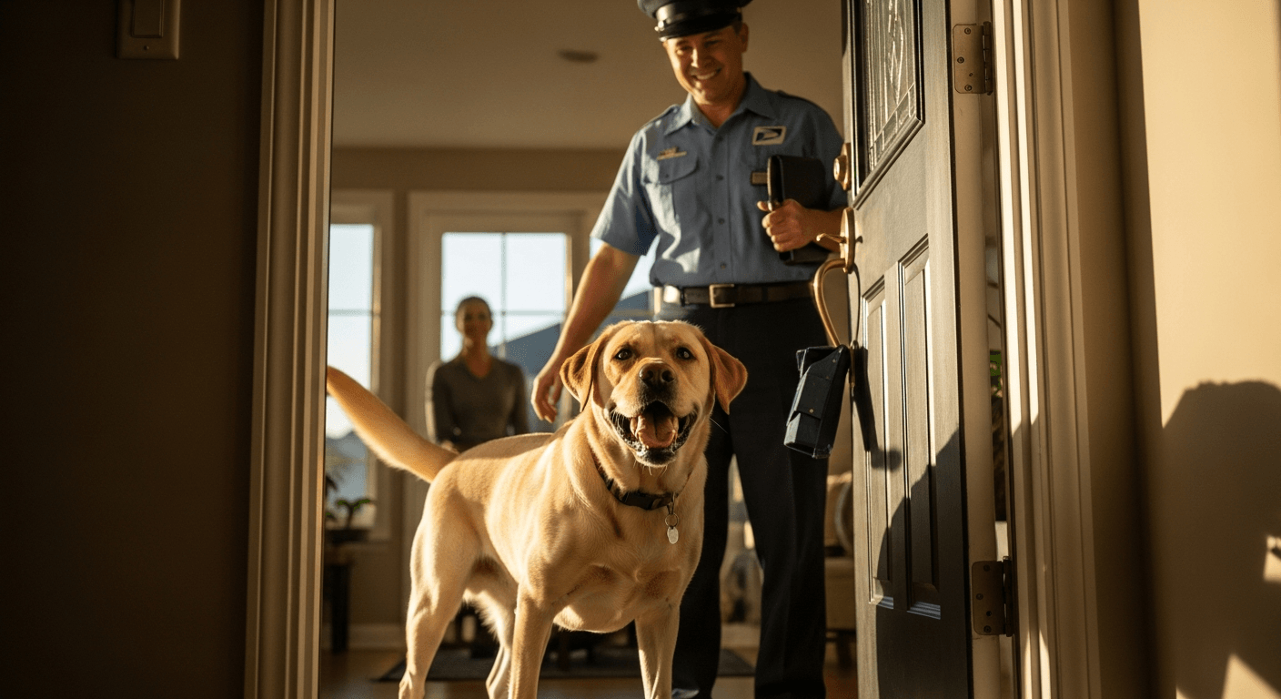 Yellow Labrador greeting mail carrier at front door with wagging tail and relaxed, friendly posture
