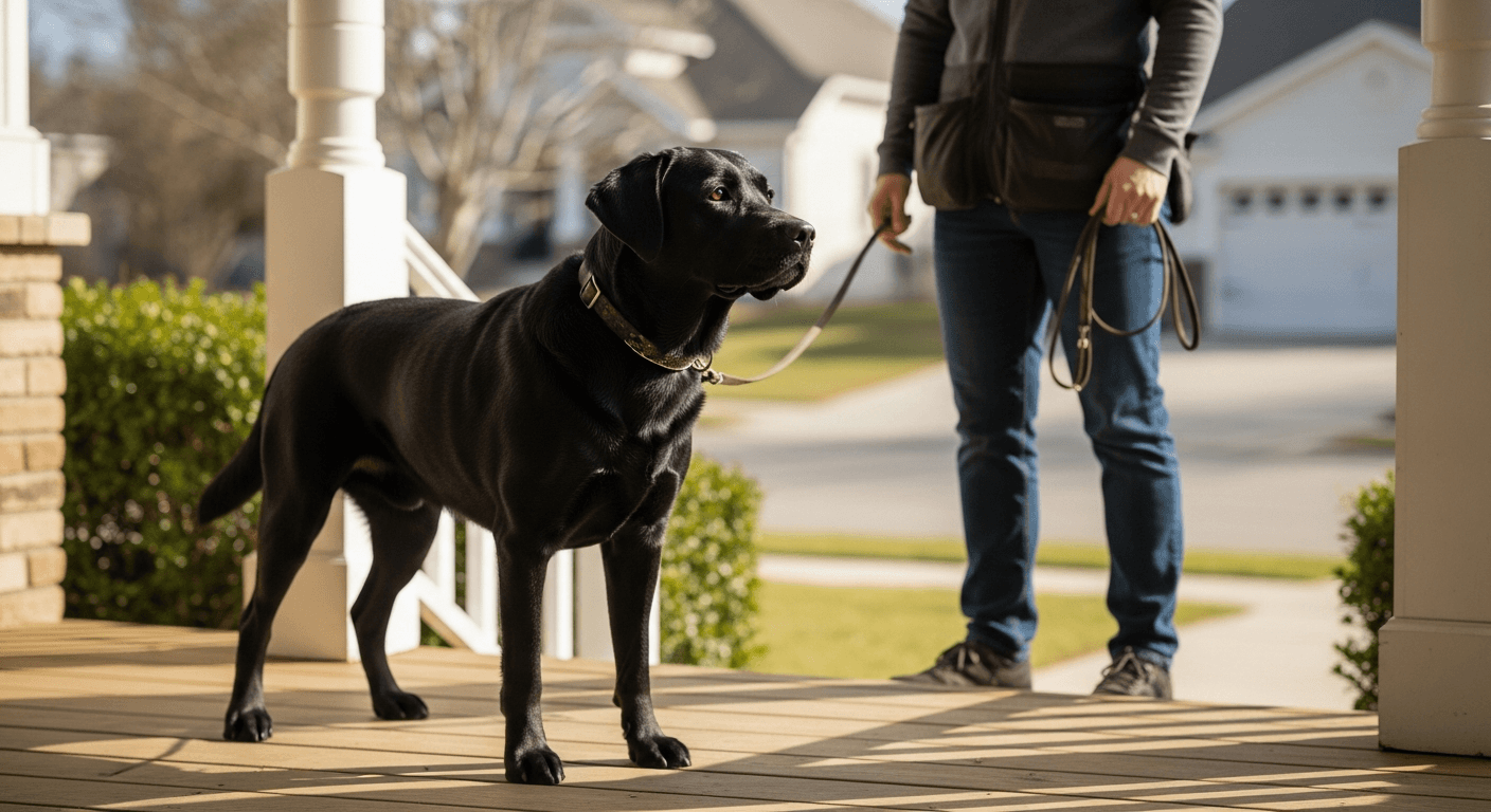 Black Labrador in alert stance on a porch with a dog trainer, demonstrating protective behavior during training