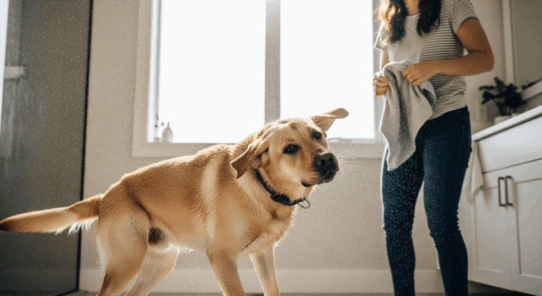 Golden Labrador shaking off after a bath in a family bathroom — a candid snapshot of living with a Labrador
