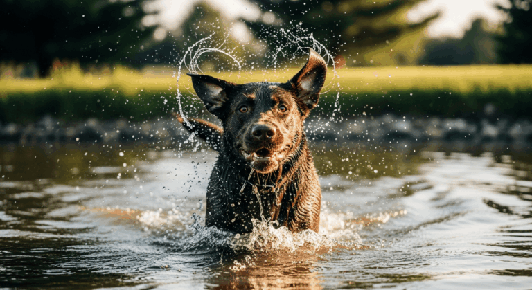 Chocolate Labrador swimming in a pond, water splashing around its face as it swims toward the camera with joy