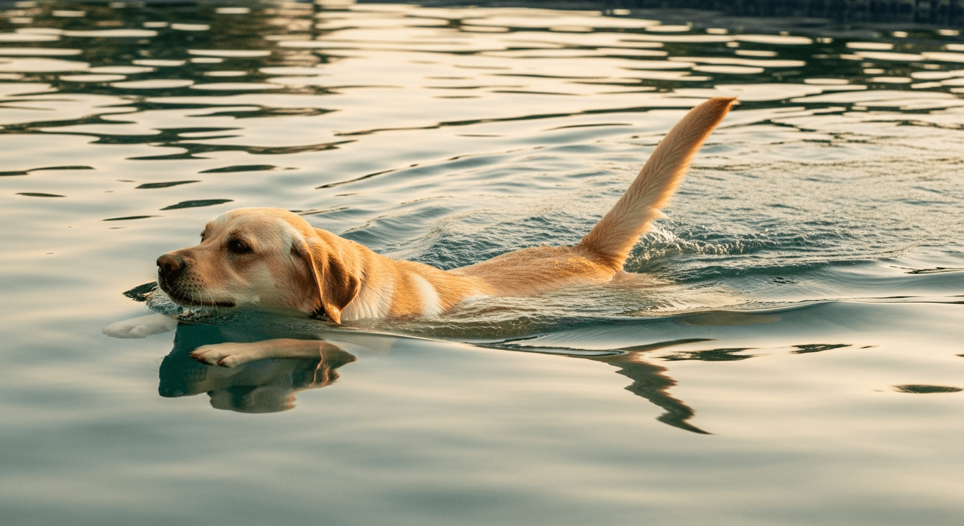 do labradors like water — Yellow Labrador swimming through a backyard pool with webbed paws visible, demonstrating why labrad