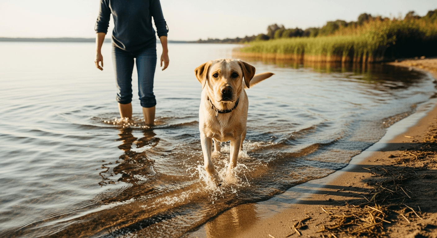 A yellow Labrador Retriever wading into calm lake water with its owner nearby, showing the breed's natural comfort in water