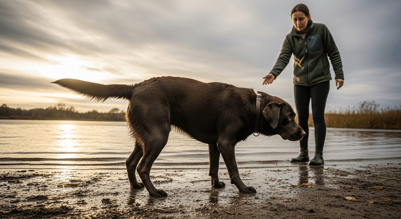Chocolate Labrador emerging from a lake with a limp tail, looking uncomfortable while owner watches with concern