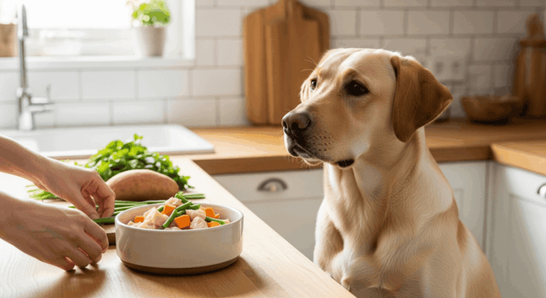Yellow Labrador Retriever sits in kitchen beside bowl of homemade dog food for labradors with fresh chicken, sweet potato and