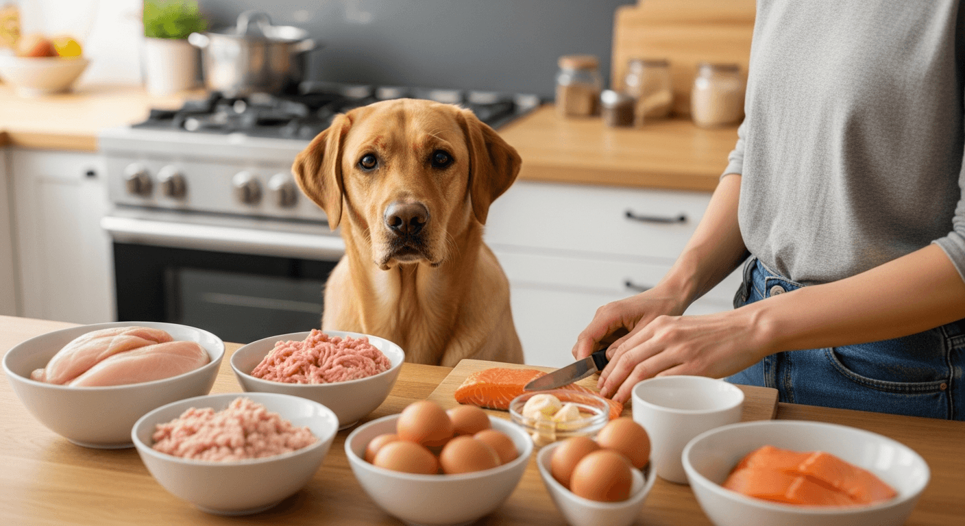 Golden Labrador watches woman prepare homemade dog food with fresh chicken, turkey, salmon and eggs in kitchen