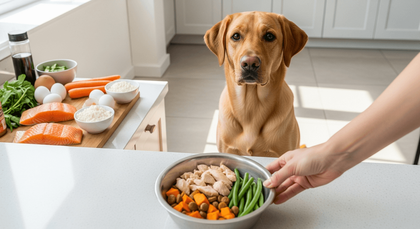 Golden Labrador watches owner place a bowl of homemade dog food for labradors with chicken, sweet potato, and green beans in 