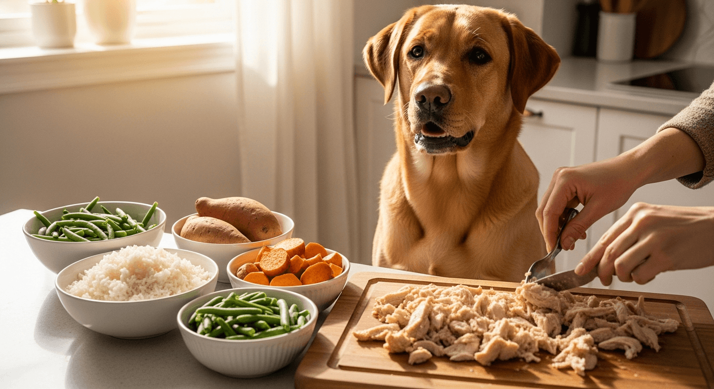 Golden Labrador watching human portion cooked chicken with rice, sweet potato and green beans for homemade dog food
