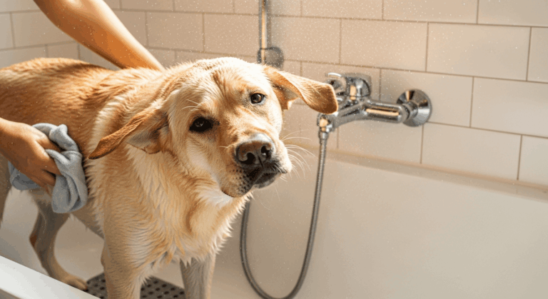 Yellow Labrador in bathtub during bath time showing how often should you bathe a labrador with owner washing