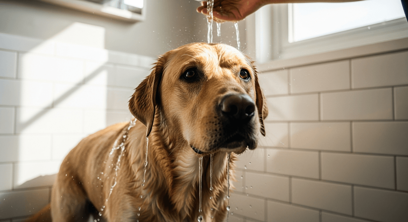 Golden Labrador receiving a bath in a modern bathroom with warm water cascading over its wet coat