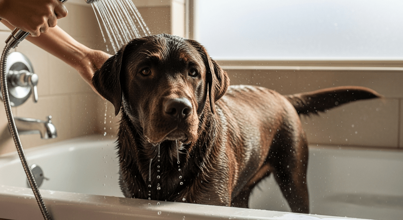 Chocolate Labrador being bathed in white tub with handheld shower, wet fur and calm expression during bath time