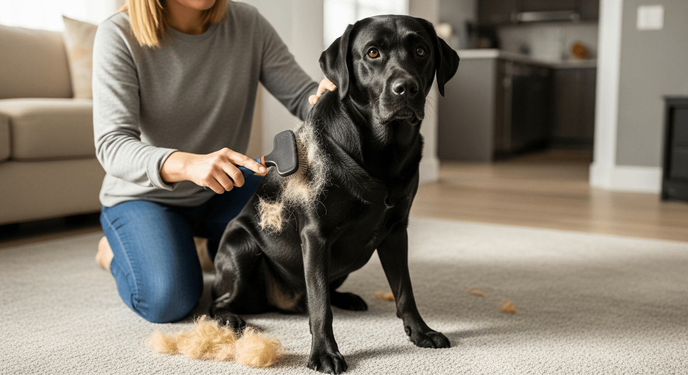 Woman brushing a black Labrador's coat at home showing proper grooming technique for maintaining a healthy lab coat