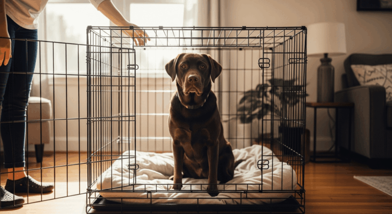 Chocolate Labrador sitting calmly inside an open crate during labrador crate training in a bright living room