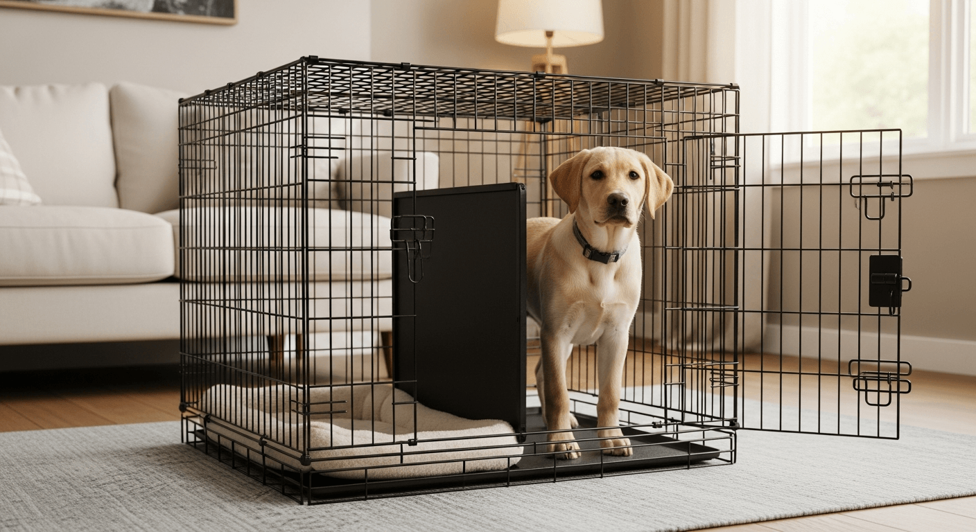 Yellow Labrador puppy calm inside properly sized wire crate with divider panel during crate training a labrador puppy in home