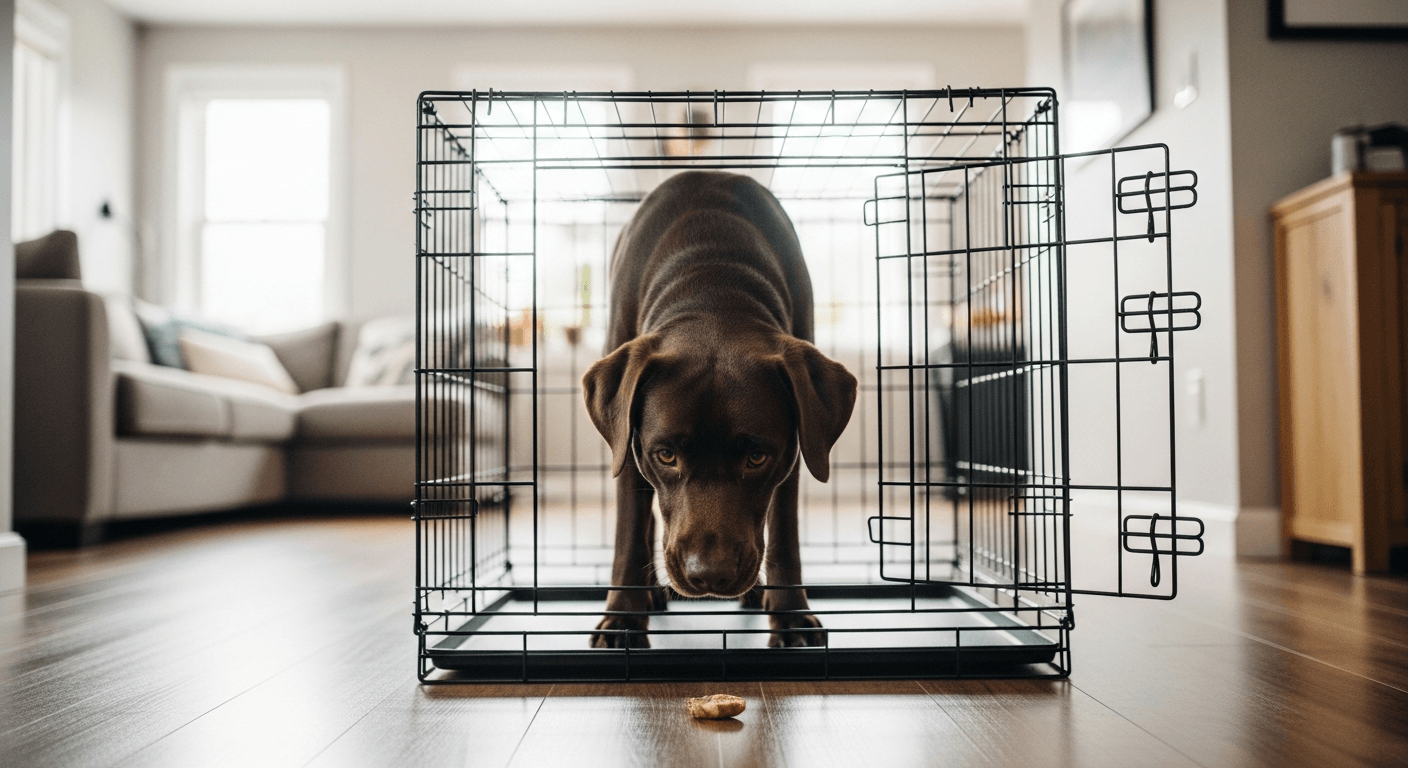 Chocolate Labrador investigating a treat at an open wire crate during crate training a labrador puppy at home