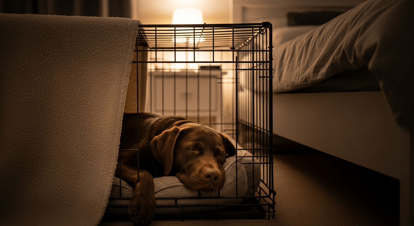 Chocolate Labrador puppy sleeping in a wire crate with blanket cover during crate training a labrador puppy