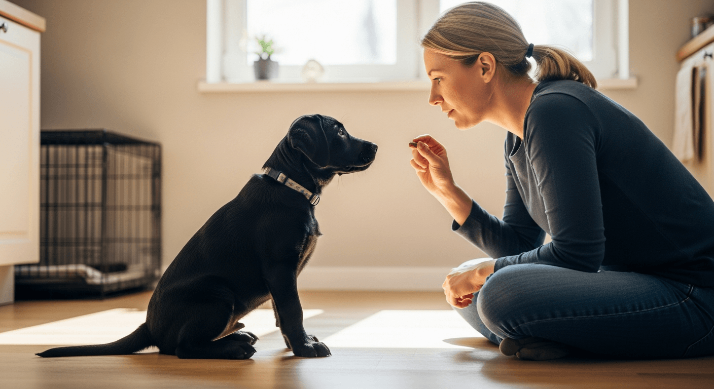Woman training black Labrador puppy with treat in kitchen, demonstrating how to train a labrador puppy indoors
