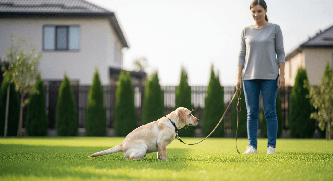 Young yellow Labrador puppy eliminating outdoors during house training with attentive owner nearby