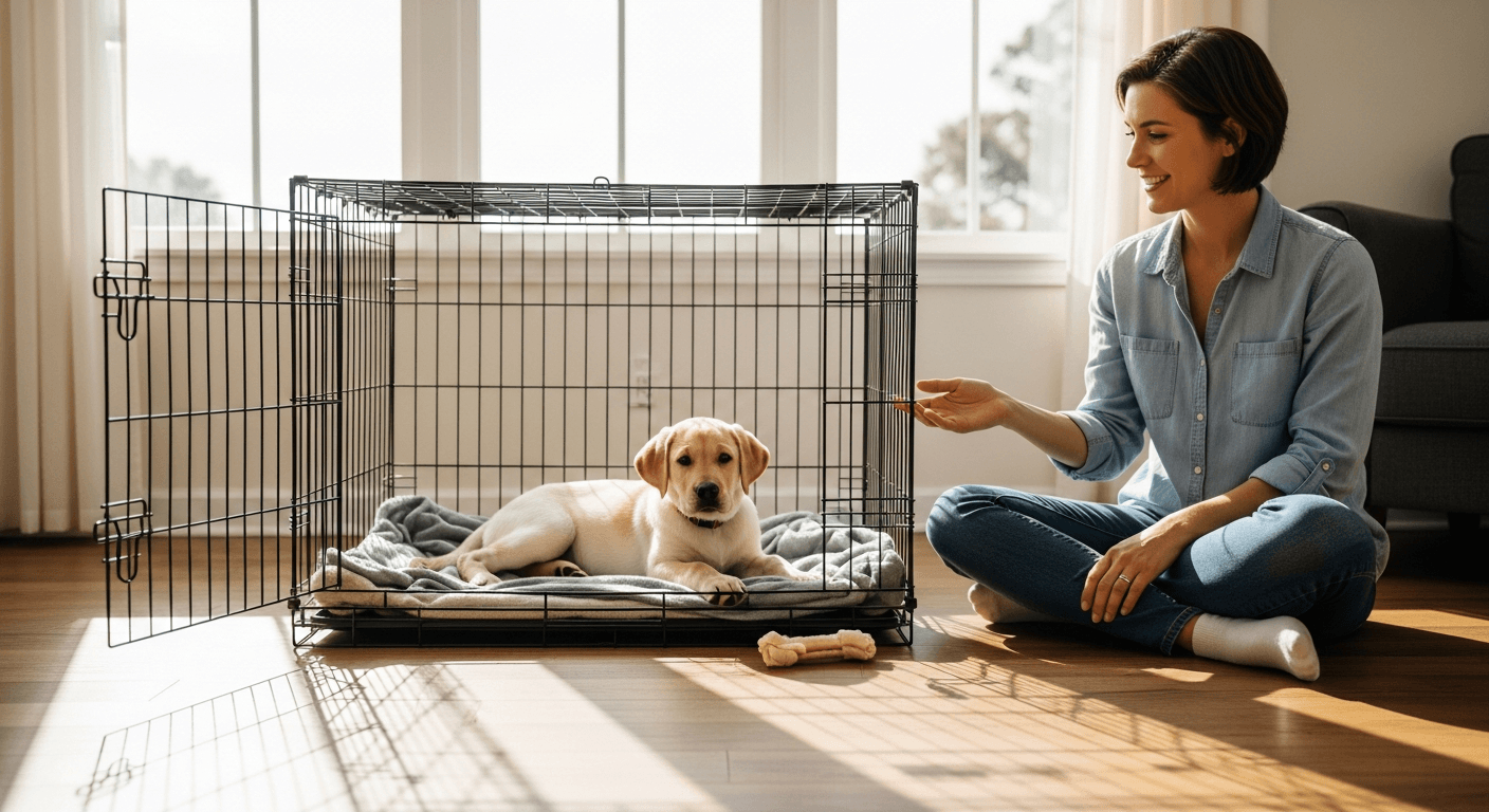 Yellow Labrador puppy resting in open wire crate with blanket and toy, owner sitting nearby in bright living room