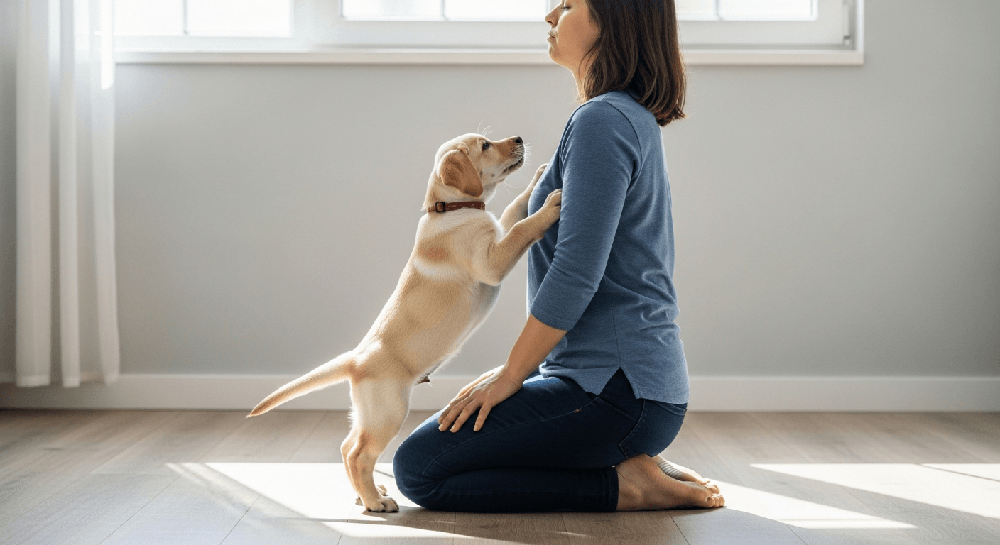 Yellow Labrador puppy jumping up toward woman during training session in bright living room