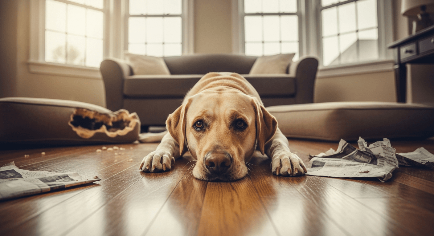 Frustrated yellow Labrador surrounded by destroyed cushions and torn newspaper showing destructive behavior problems