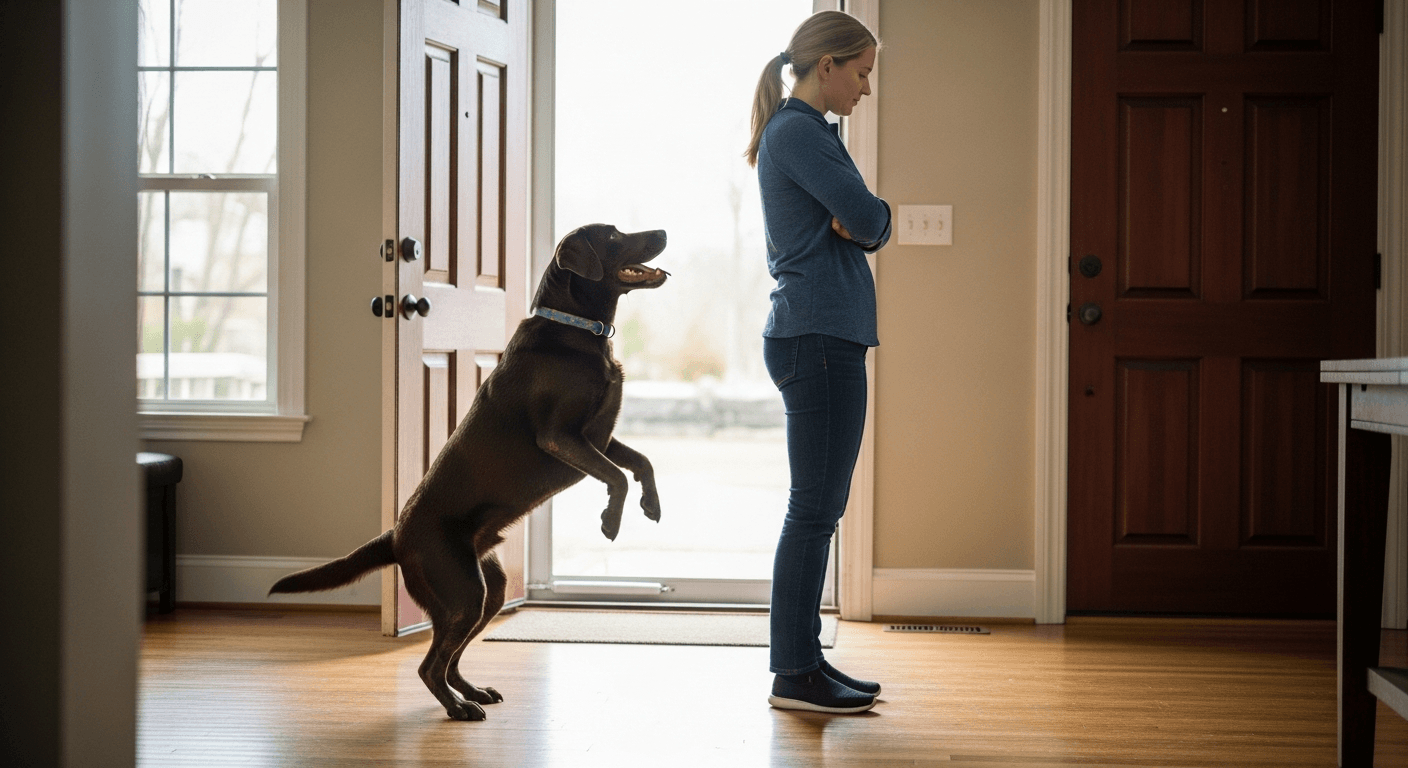 A chocolate Labrador with muddy paws jumping on a woman who ignores the behavior in a home entryway