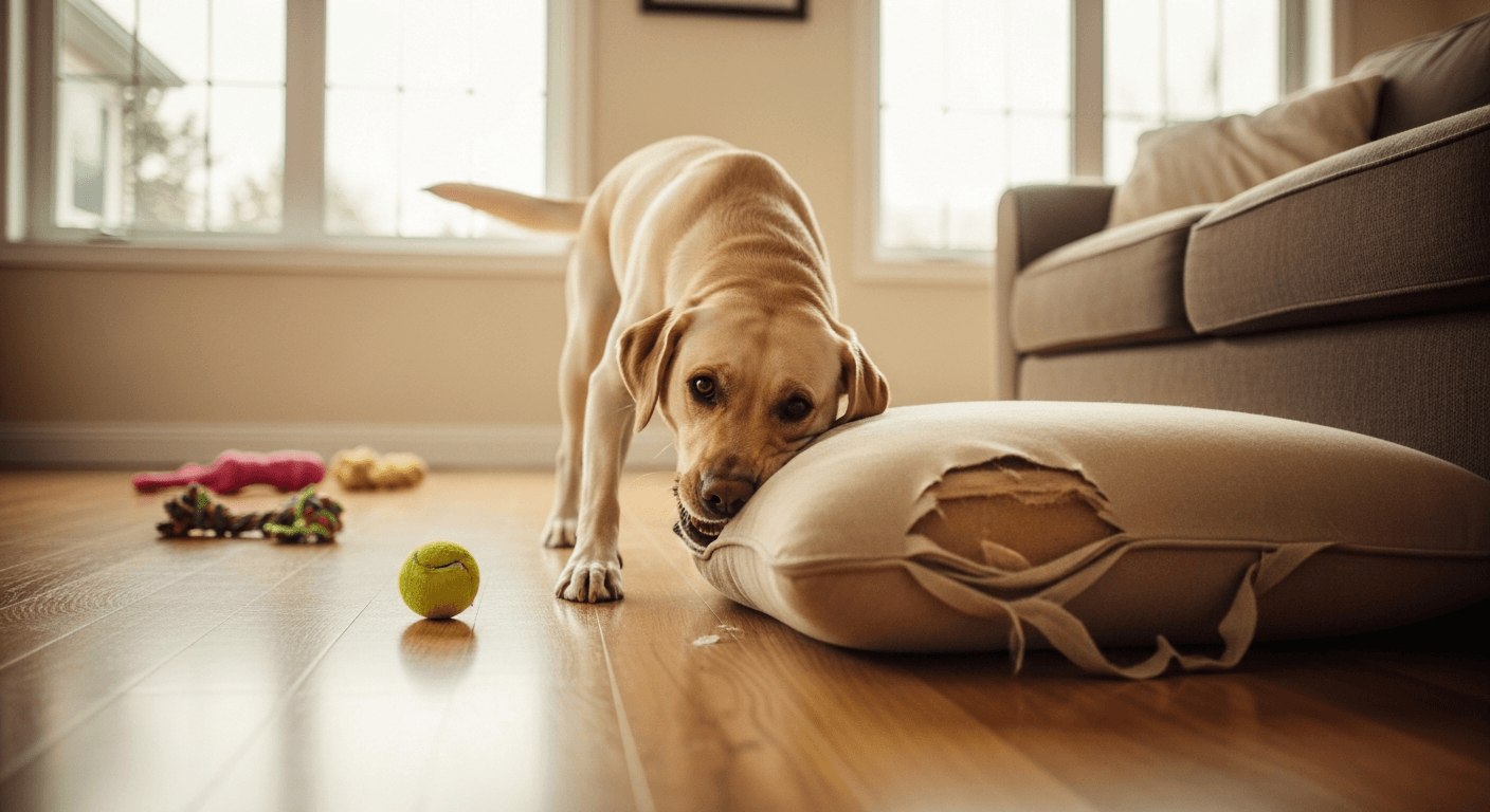 Yellow Labrador chewing a couch cushion with toys scattered nearby, illustrating common labrador behavior problems