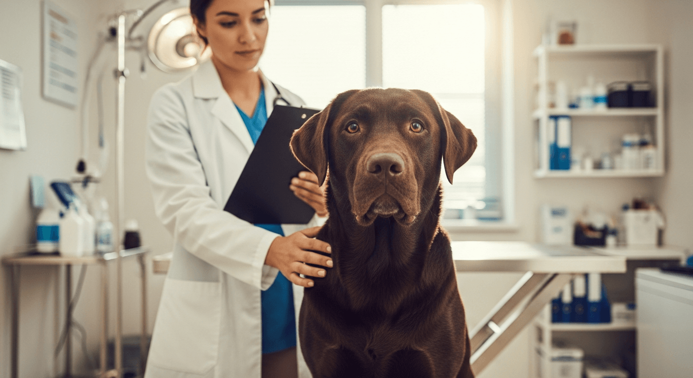 Chocolate Labrador at vet visit demonstrating labrador health problems care and preventive checkup