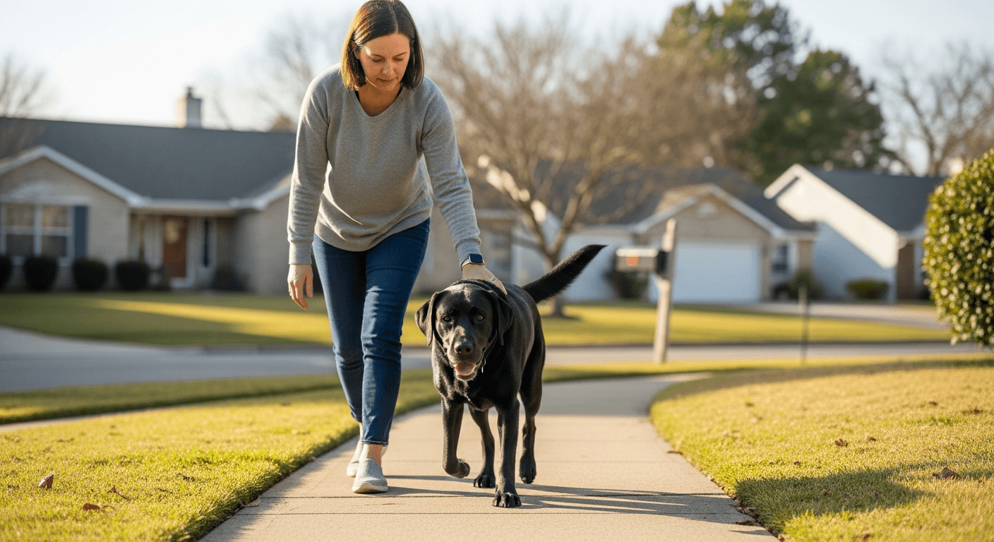 Black Labrador limping on sidewalk with owner touching its back, showing labrador health problems
