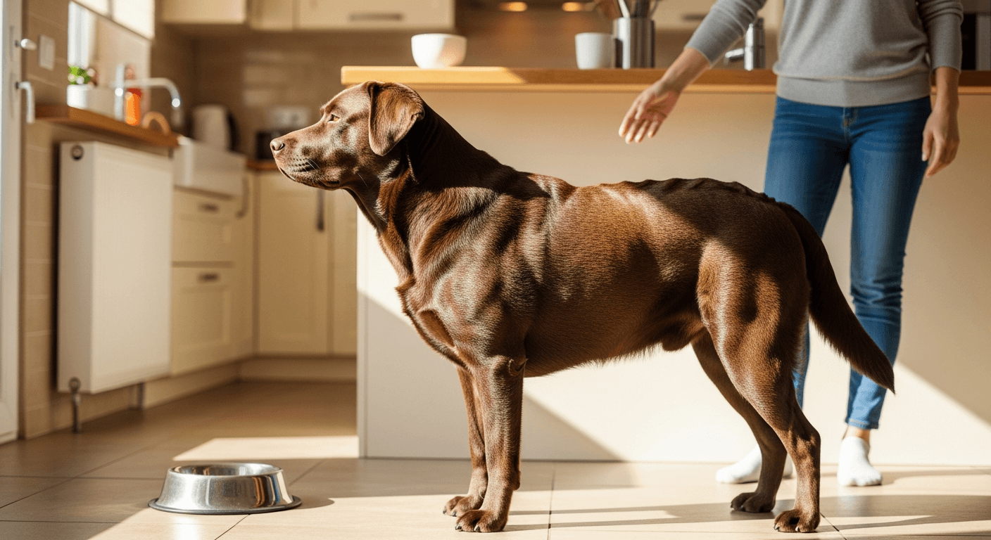 Healthy chocolate Labrador Retriever with ideal weight and muscular definition standing in bright kitchen with owner