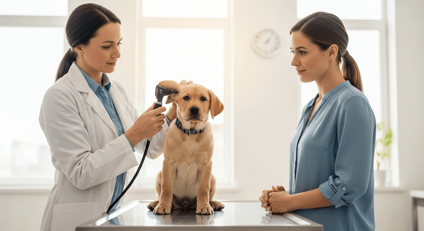 Veterinarian examining a young Labrador Retriever's ear during a health checkup in a modern clinic