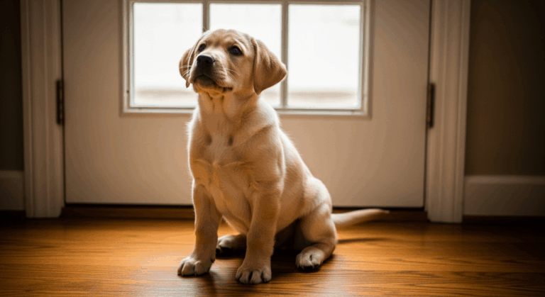 Yellow Labrador puppy labrador potty training at back door waiting to go outside