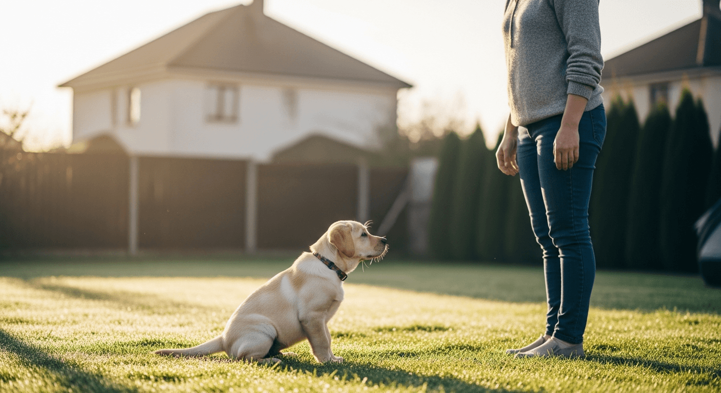Young yellow Labrador puppy potty training in grass with owner supervising nearby