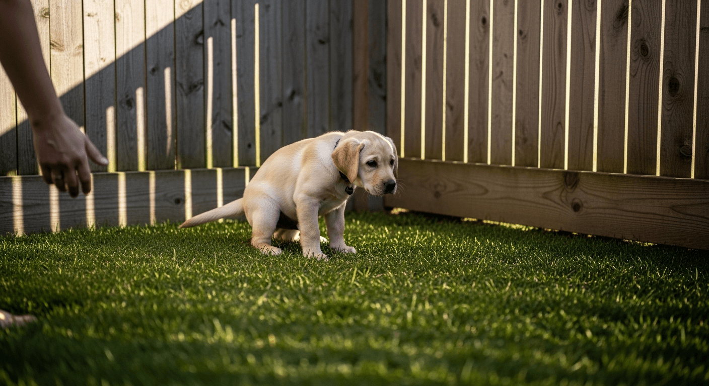 Young yellow Labrador puppy squatting in backyard grass during labrador potty training with handler guidance