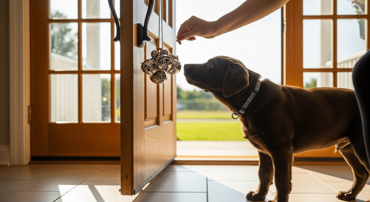 Chocolate Labrador puppy touching nose to jingle bells on door during potty training lesson