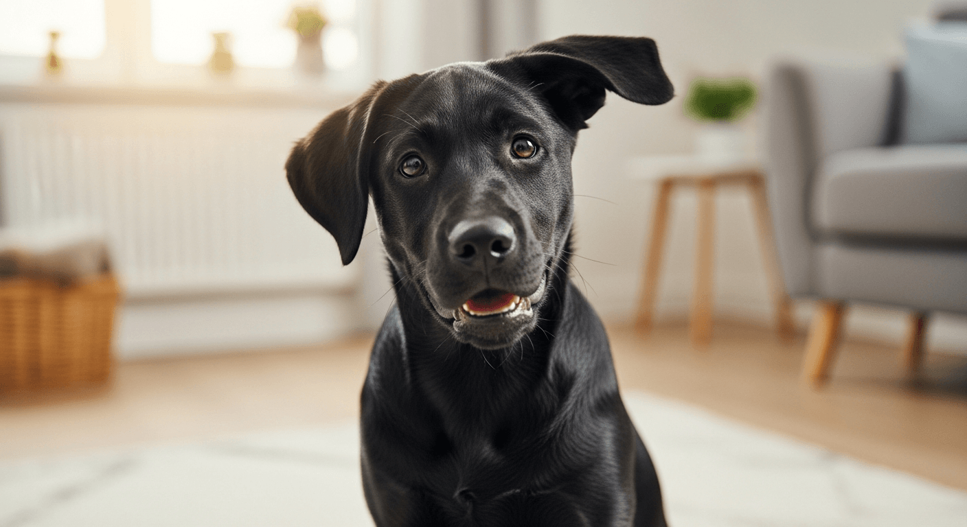 Black Labrador puppy sitting on cream rug in bright living room, alert and looking at camera with warm eyes