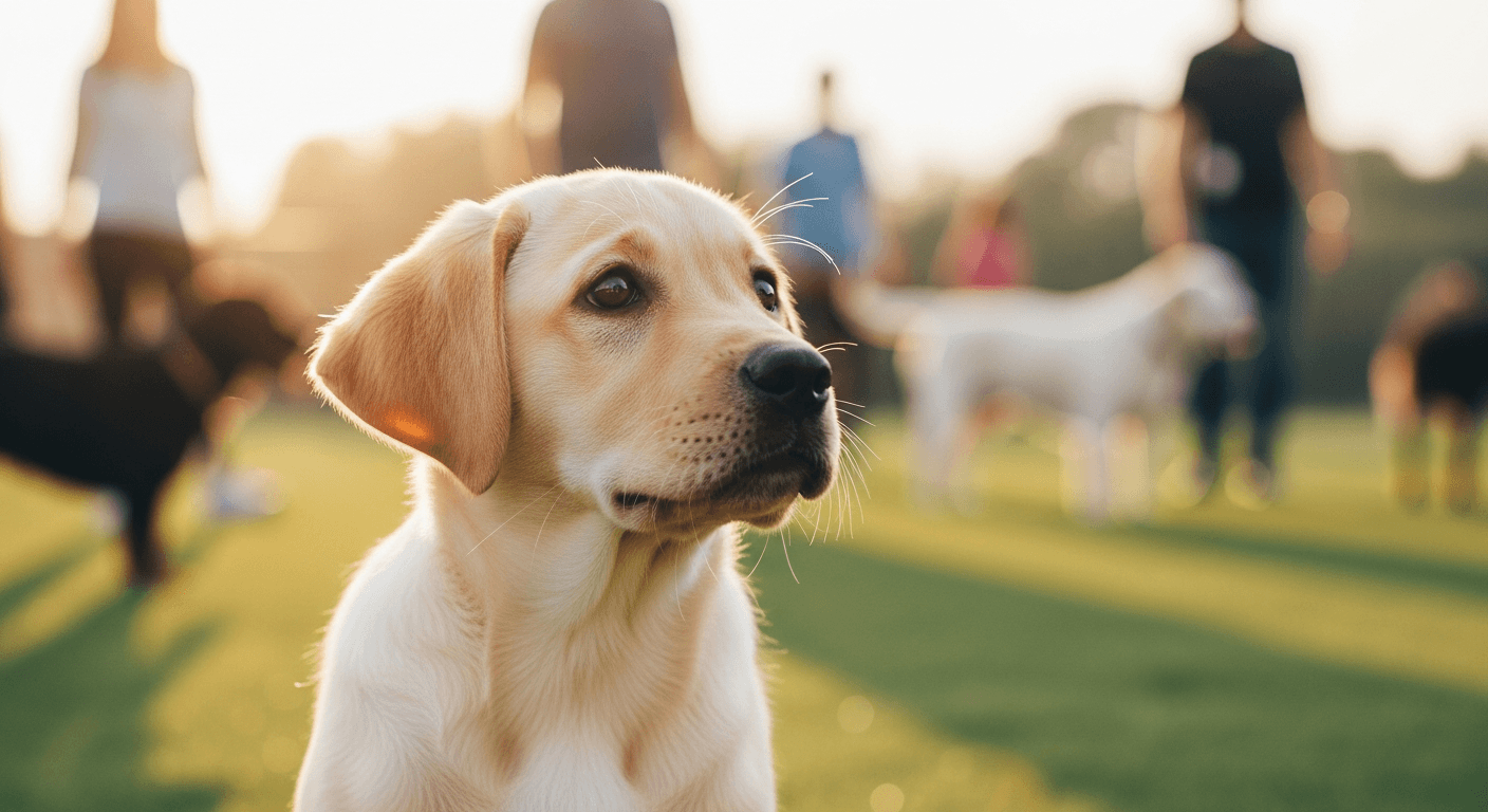 labrador puppy first year — Yellow Labrador puppy alert in dog park during golden hour, ears forward, observing other dogs an