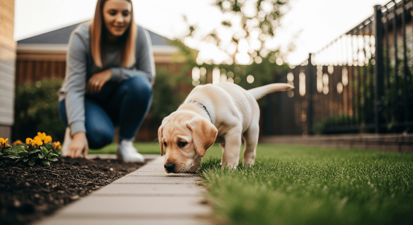 Young yellow Labrador puppy exploring backyard grass for the first time with owner watching nearby