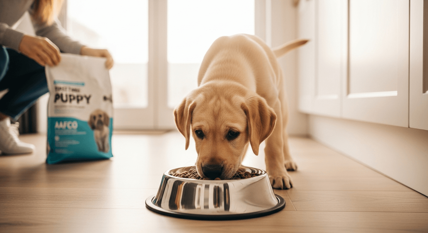 Yellow Labrador puppy eating from bowl during first year, with puppy food bag visible in background